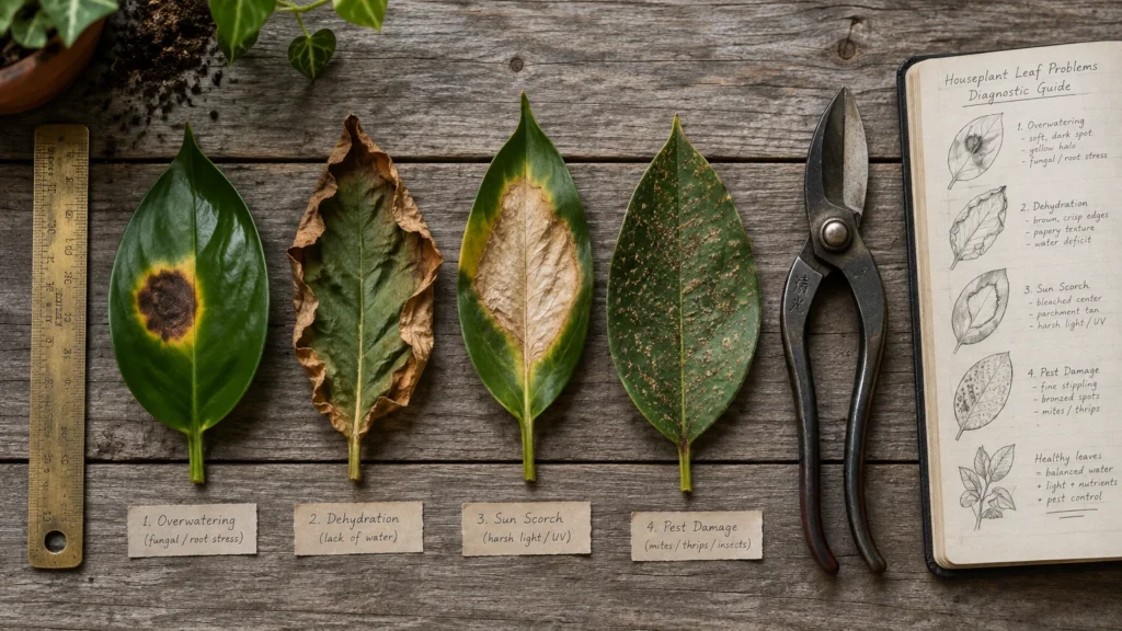 Four labeled leaves showing overwatering, dehydration, sun scorch, and pest damage beside pruners and a notebook.