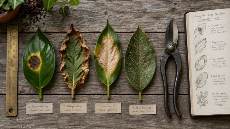 Four labeled leaves showing overwatering, dehydration, sun scorch, and pest damage beside pruners and a notebook.