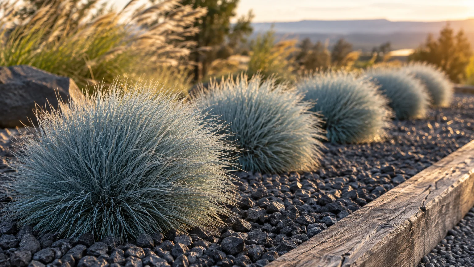 Neat, round mounds of silvery-blue ornamental grass growing in dark gravel along a rustic wooden garden border.