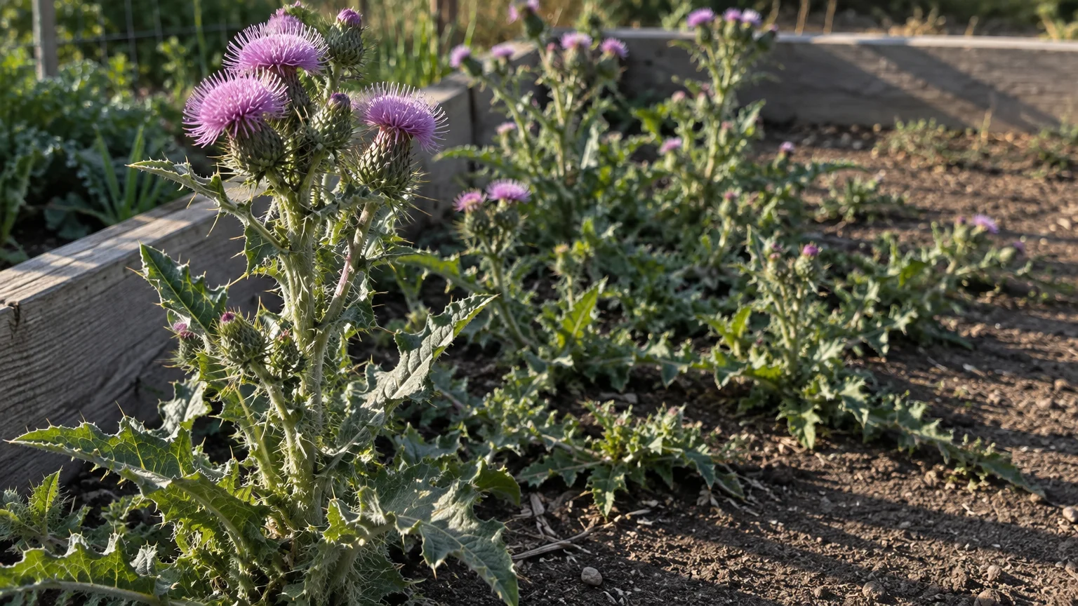 Flowering purple Canada thistle plants with spiny leaves growing along the edge of a wooden raised garden bed.