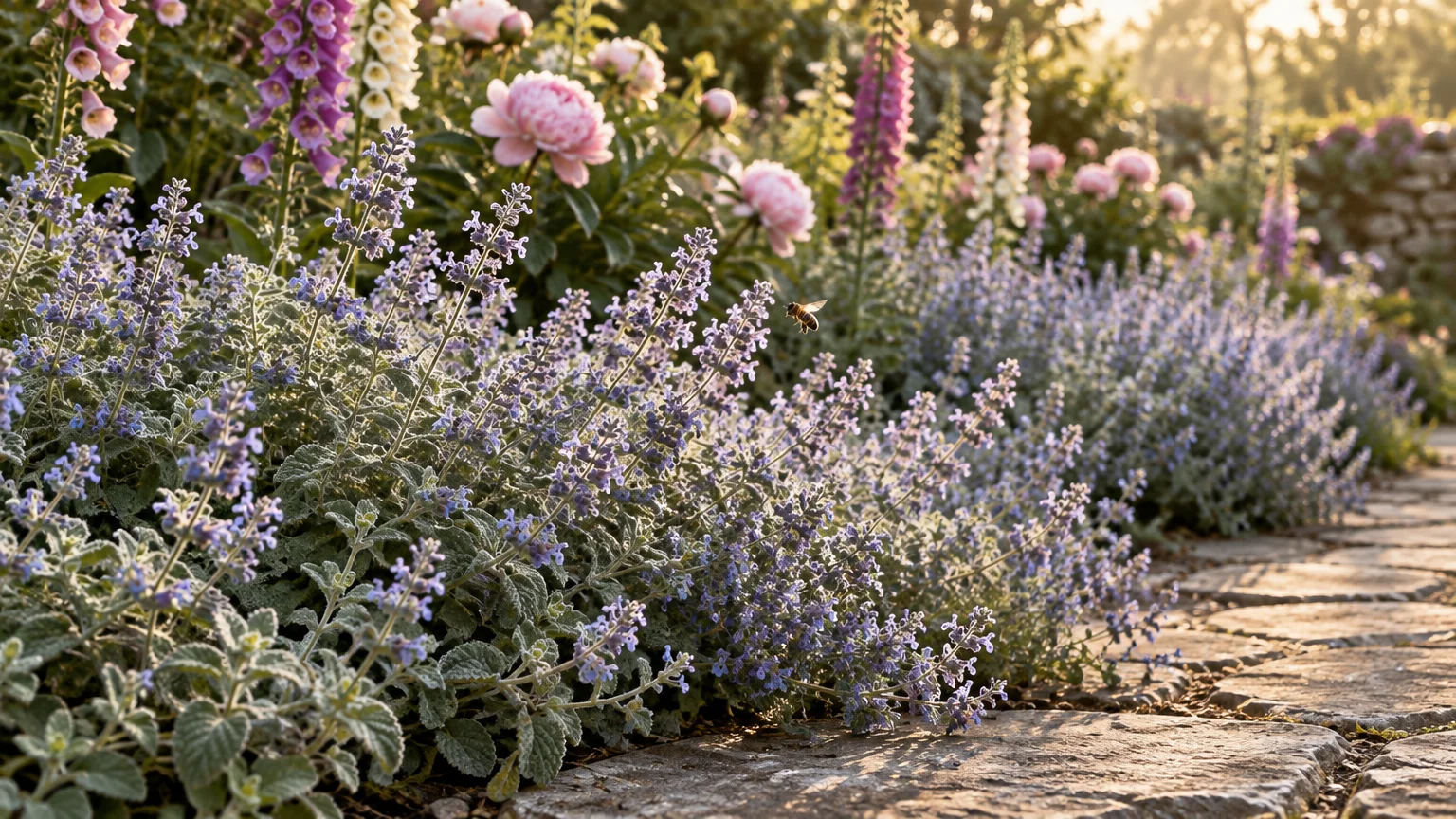 Lavender catmint flowers edging a stone pathway, with a bee in flight and pink peonies blooming in the background.
