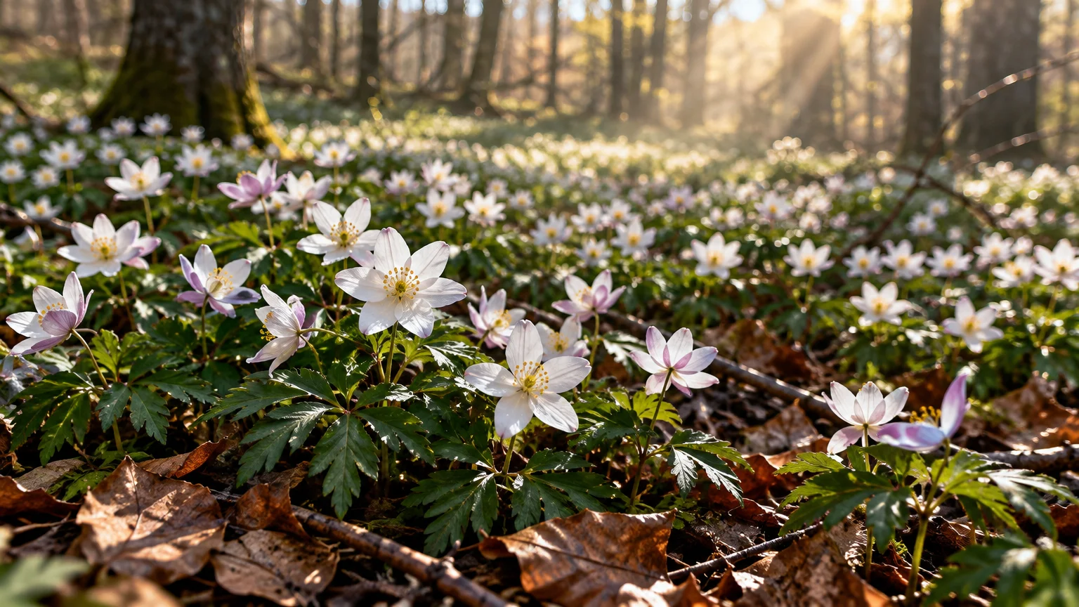 Carpet of white wood anemone flowers blooming across a sunlit forest floor covered in dry brown leaves.