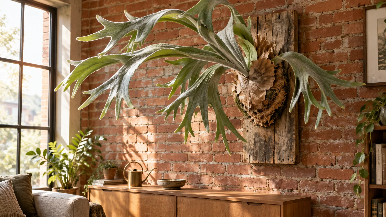 Large staghorn fern with wide, antler-like fronds mounted on a rustic wood board against an exposed brick wall.