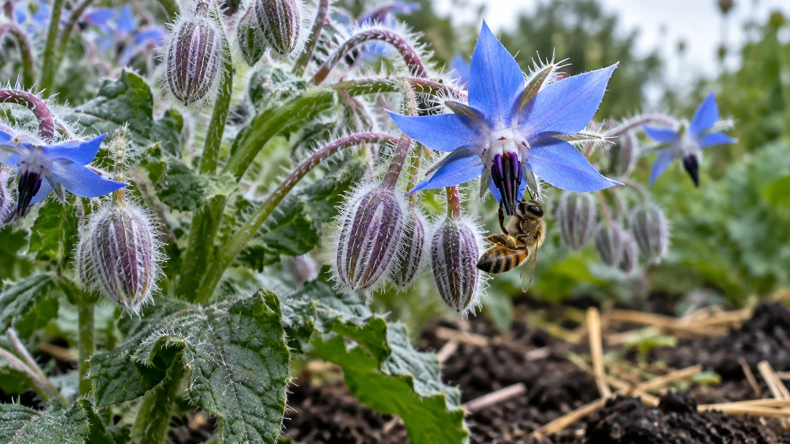 A honeybee clings upside down to a star-shaped blue borage flower surrounded by fuzzy buds and bristly leaves.
