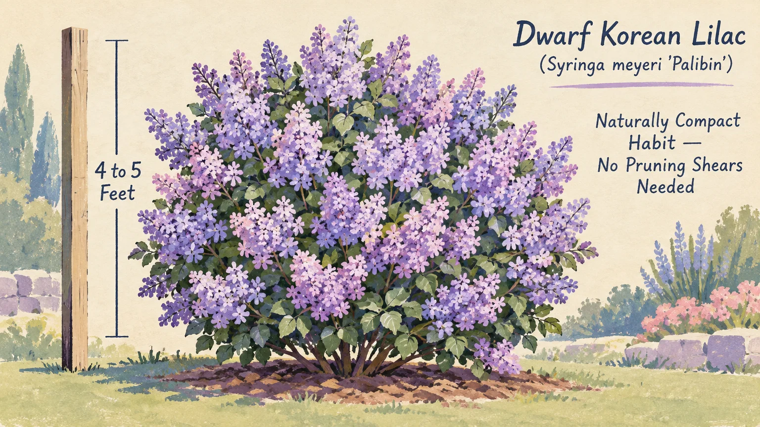 Illustration of a rounded, blooming dwarf Korean lilac shrub with lavender flowers, shown beside a height scale.