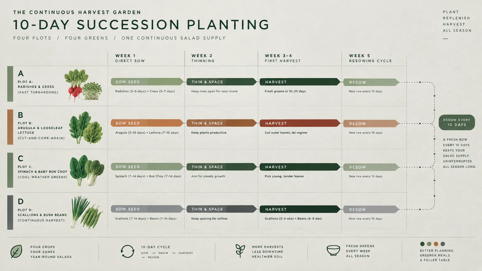 Succession planting diagram illustrating a 10-day planting, thinning, harvest, and resowing timeline across four garden plots.