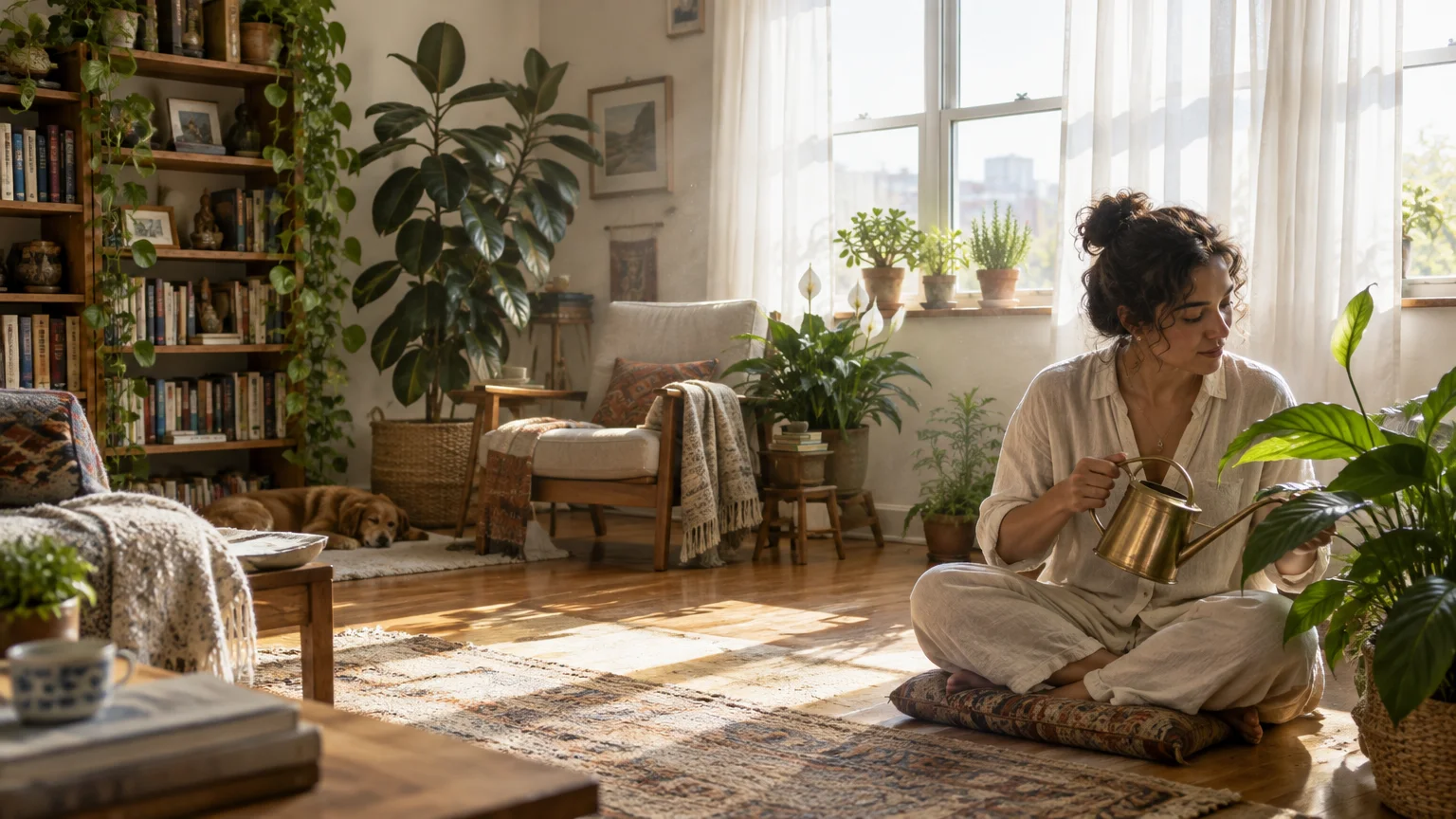 A woman sitting cross-legged on a floor cushion watering a potted plant in a sunlit living room full of greenery.