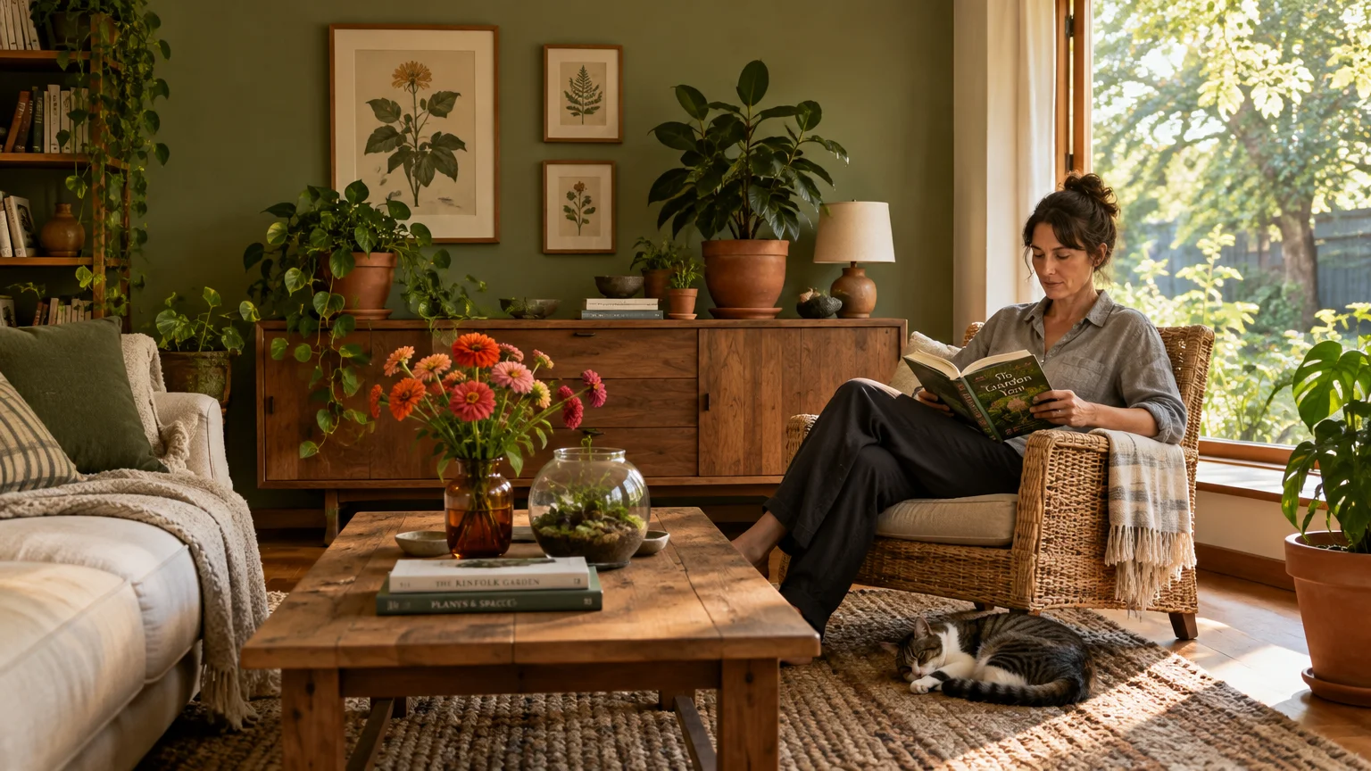 Woman reading in a wicker armchair in an olive-green living room filled with potted plants and flowers, a cat on the rug.