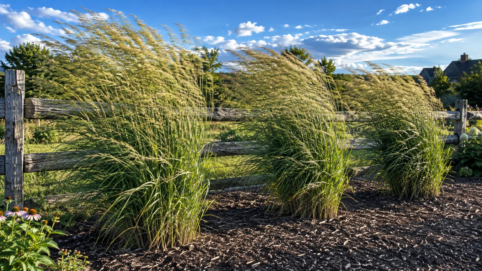 Clumps of tall ornamental switchgrass blowing in the wind along a rustic wooden split-rail fence under a blue sky.