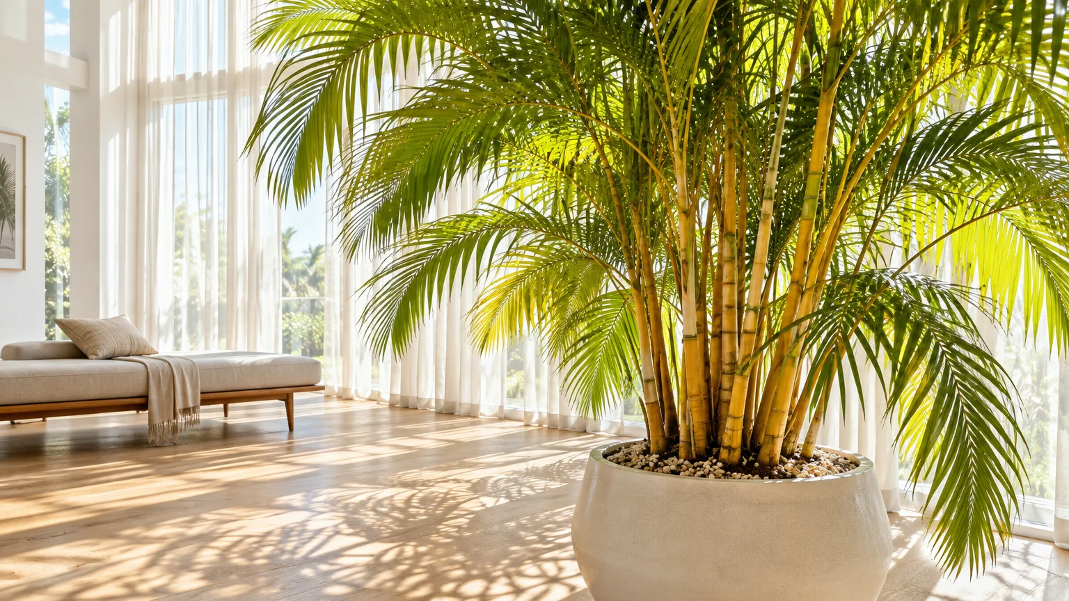 Potted areca palm in a large planter on a wooden floor near sheer curtained windows in a sunlit room.