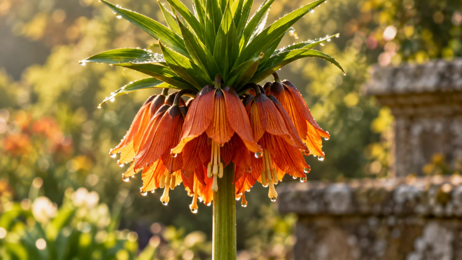 Orange bell-shaped crown imperial flowers blooming with water droplets, topped with green pointed leaves.