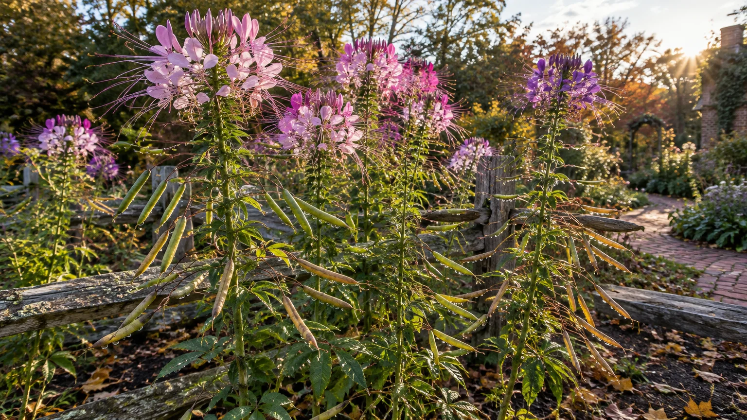 Tall pink and purple spider flowers with prominent seed pods grow along a rustic wooden split-rail fence.