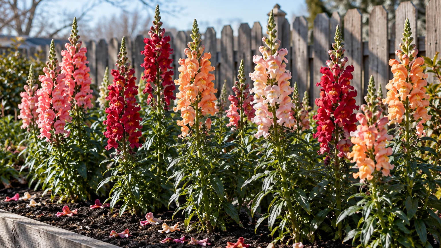 Colorful pink, peach, and red snapdragons blooming in a wooden raised bed in front of a wooden picket fence.