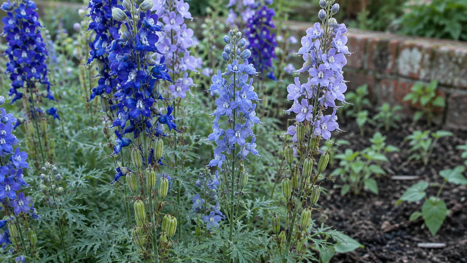 Blue and purple larkspur spires blooming beside green seed pods along a brick-lined garden bed.