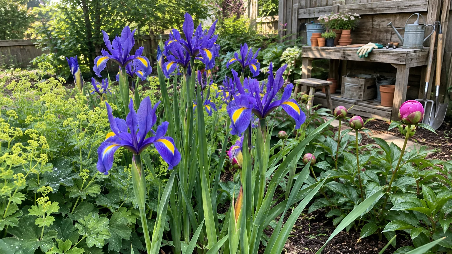 Purple Dutch irises with bright yellow markings bloom in a garden bed near pink peony buds and a potting bench.