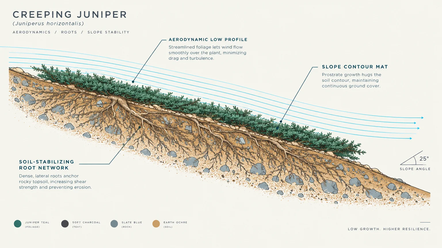 Cross section diagram of creeping juniper on a slope with wind streamlines overhead and extensive roots below.
