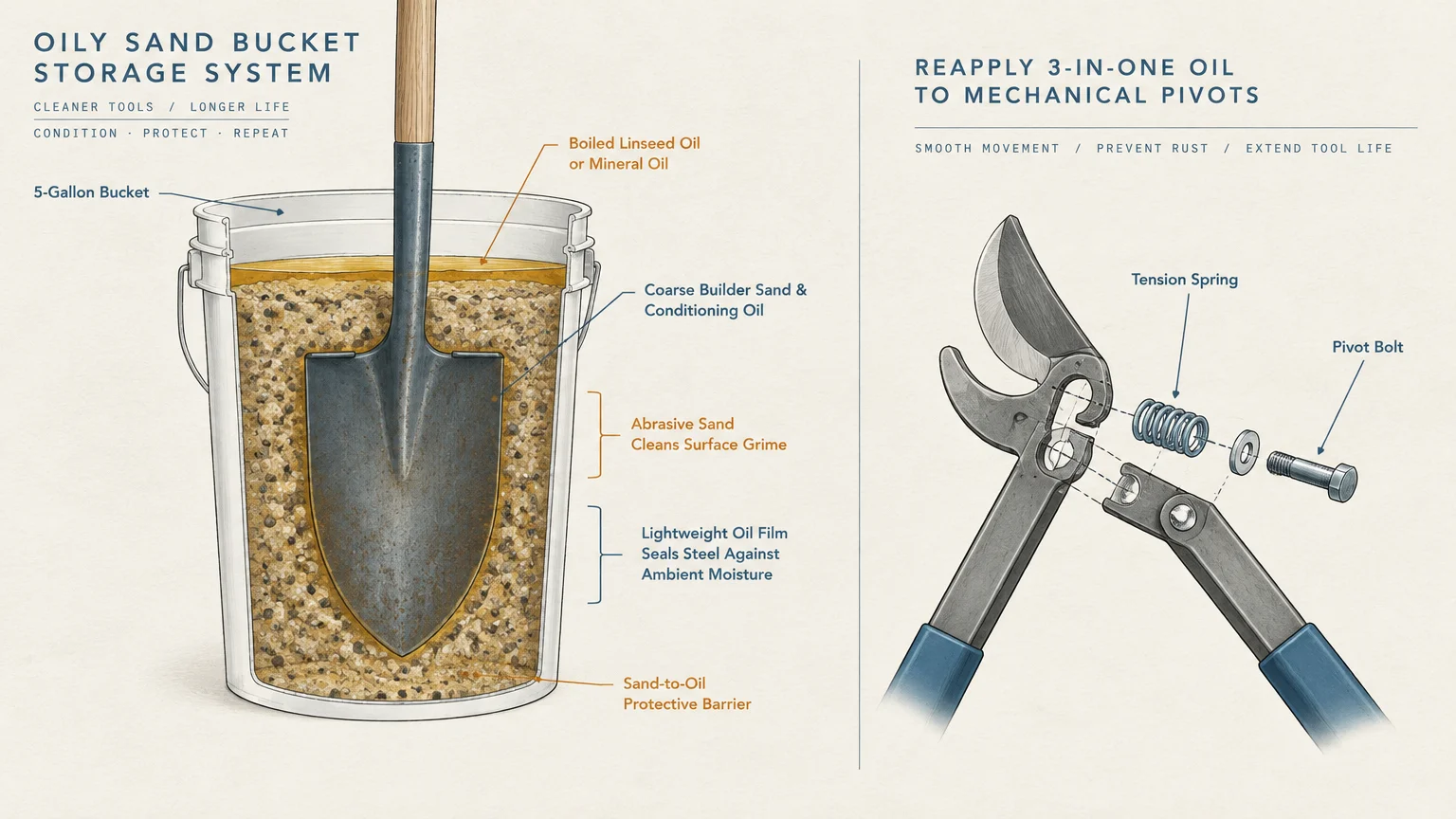 Diagram showing a shovel stored in an oily sand bucket beside an exploded view of garden shear pivot components.