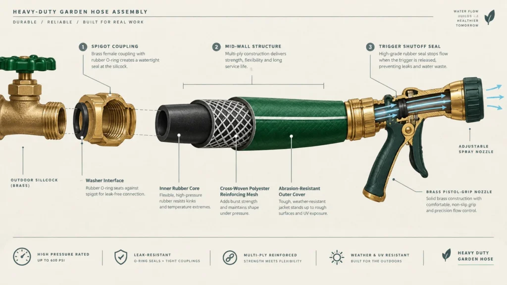 Diagram showing a cutaway of a garden hose assembly, highlighting the spigot coupling, hose wall layers, and spray nozzle.
