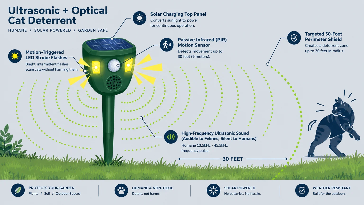 Diagram of a solar-powered ultrasonic cat deterrent emitting sound waves and LED strobe flashes toward a startled cat.