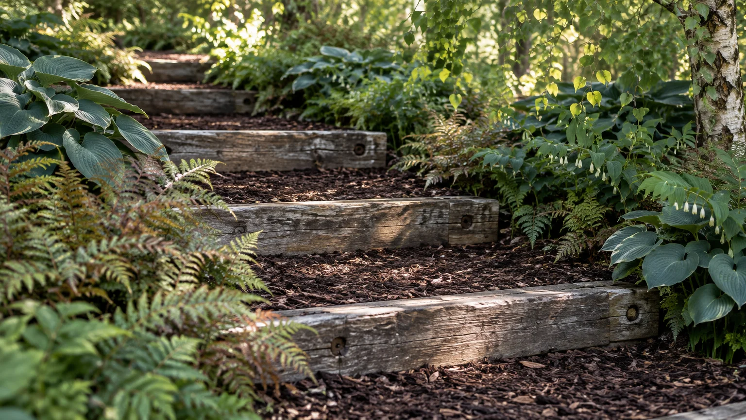 Garden steps made of rustic wooden timber sleepers and dark mulch treads, lined with lush green hostas and ferns.