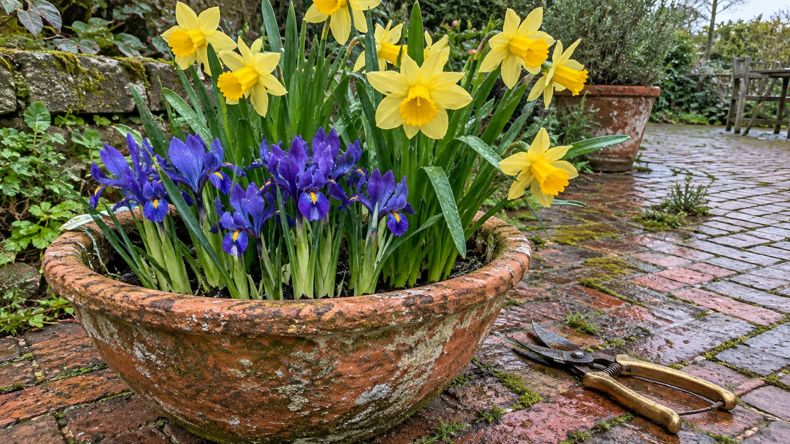 Yellow daffodils and purple irises blooming in a terracotta bowl on a wet brick patio next to pruning shears.