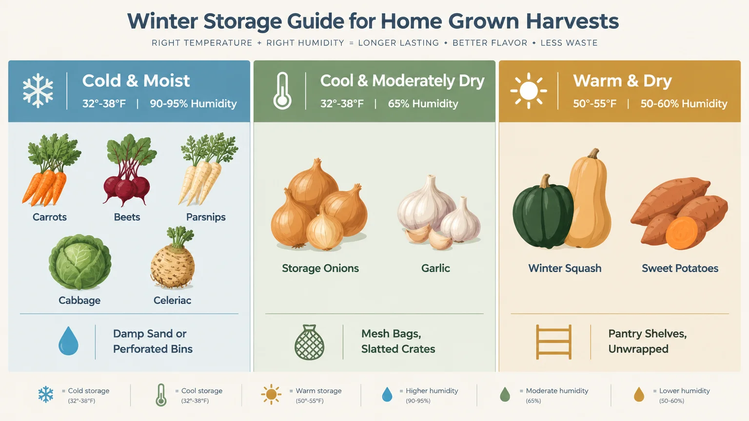 Chart showing three winter vegetable storage zones: Cold & Moist, Cool & Moderately Dry, and Warm & Dry with example crops.
