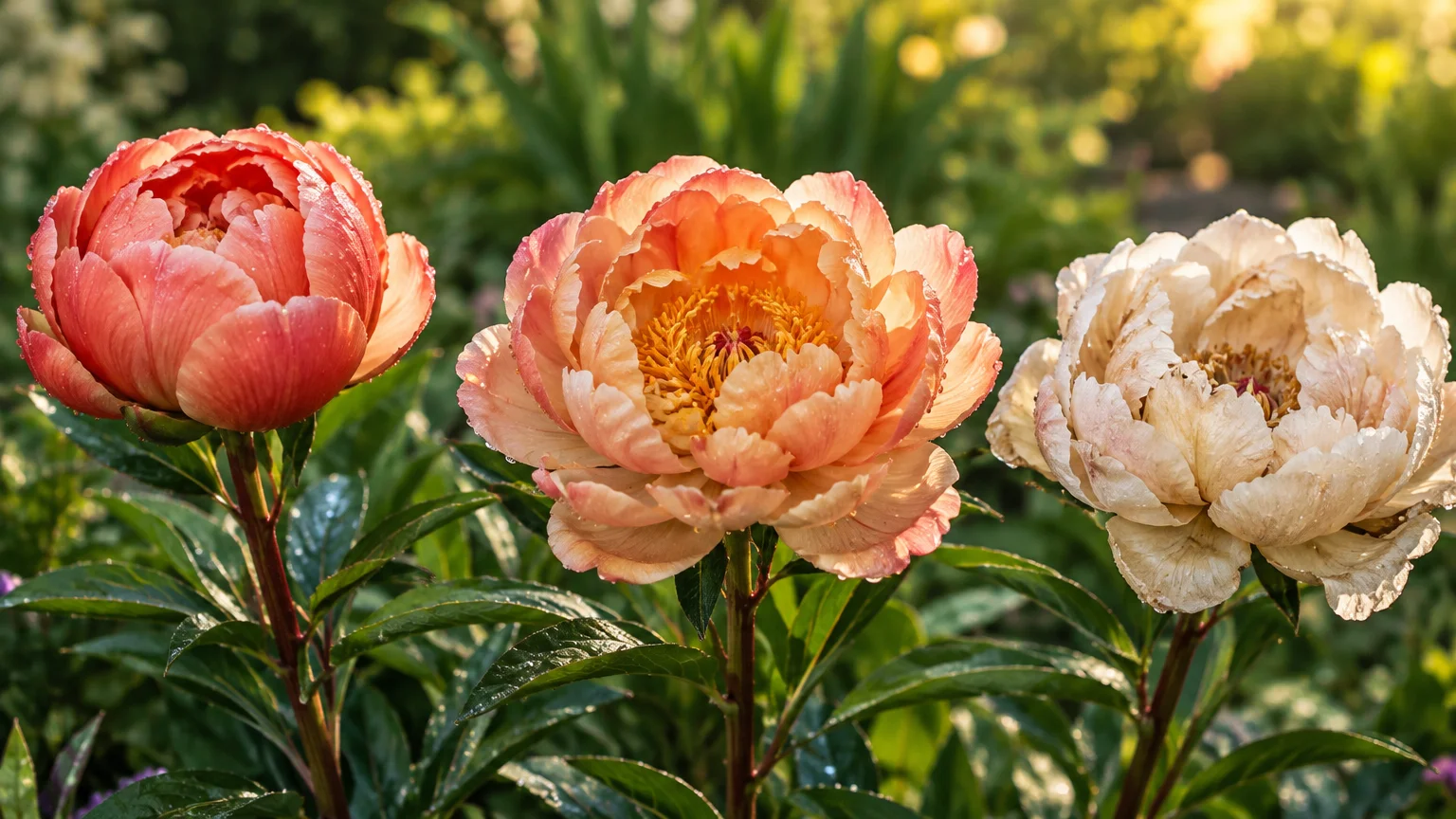 Three peony blooms showing color change stages from coral pink to apricot-peach to creamy pale yellow in a garden.