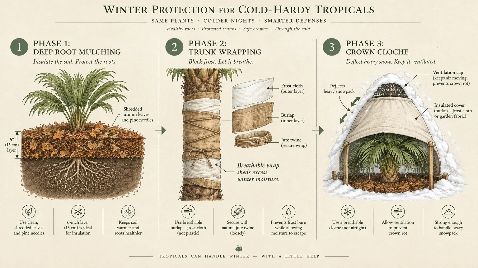 Three-phase diagram illustrating winter protection for tropicals: deep root mulching, trunk wrapping, and a crown cloche.