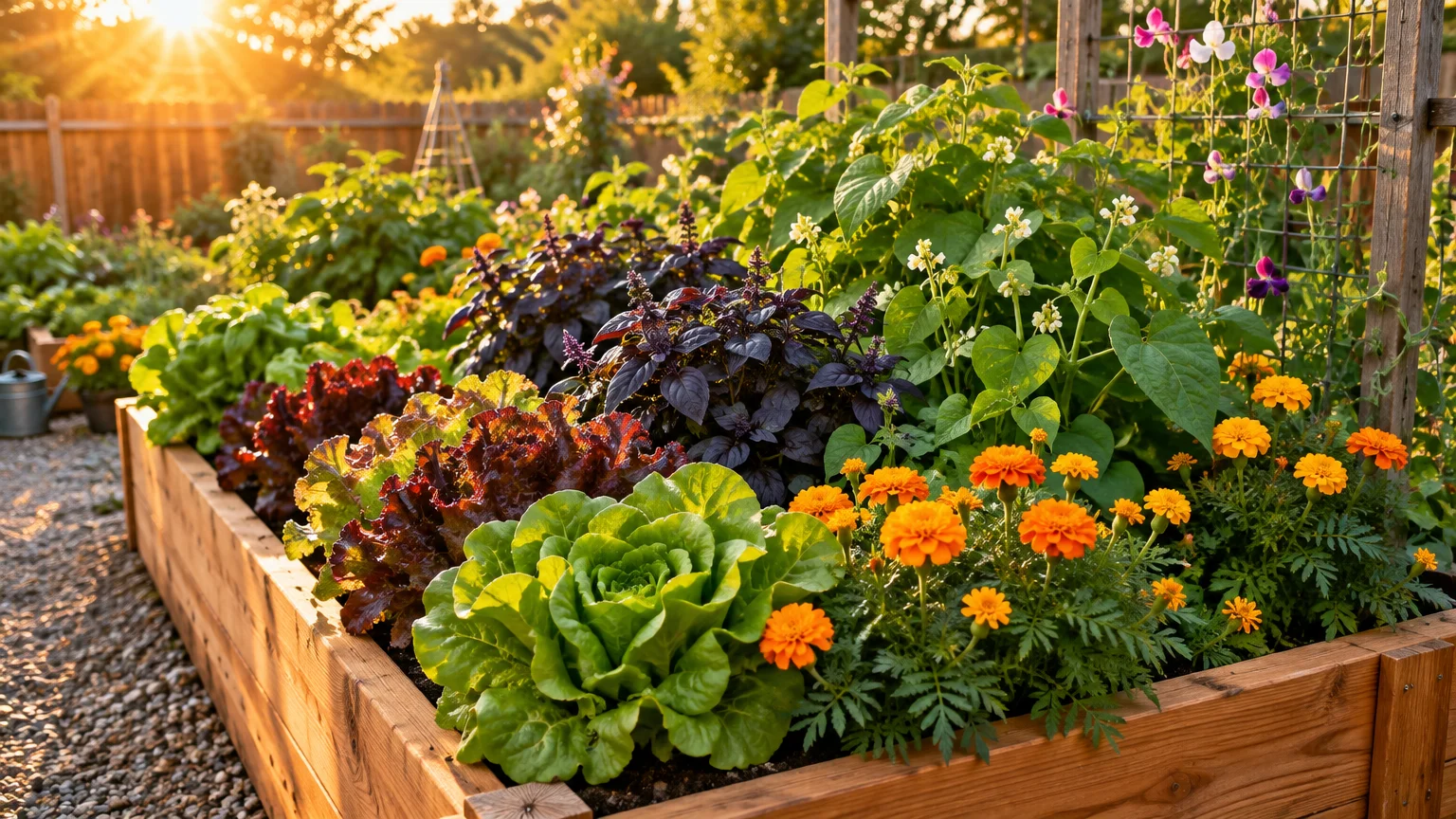 Raised wooden garden bed filled with lettuce, purple basil, and orange marigolds in warm evening sunlight.