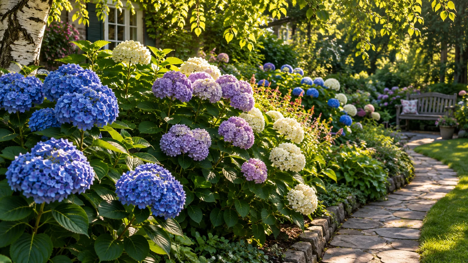 Lush blue, purple, and white hydrangea bushes blooming along a stone garden path leading to a wooden bench.