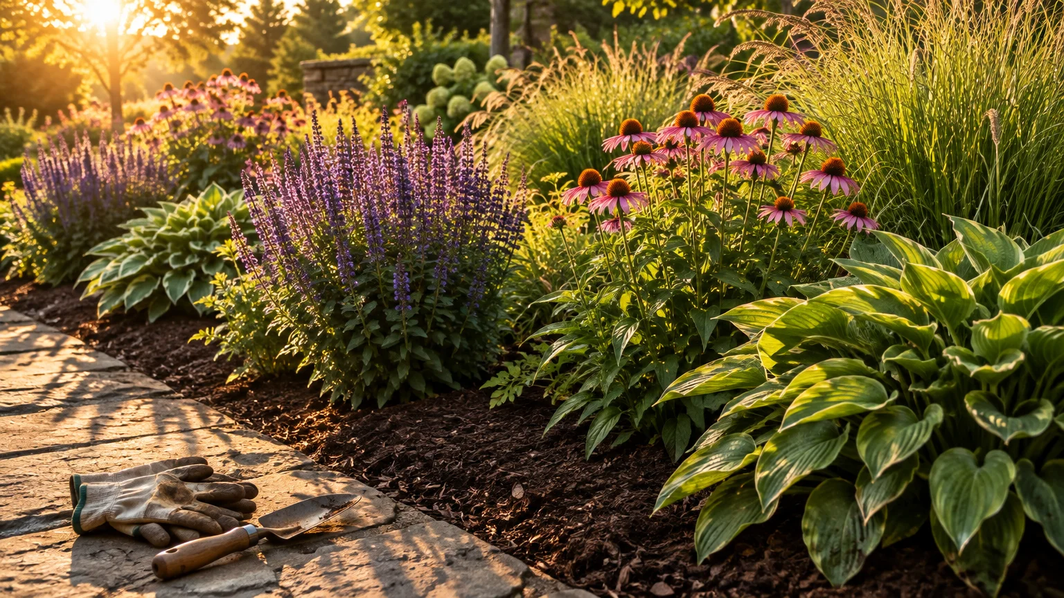 Garden bed with purple coneflowers, salvia, and hostas in dark mulch beside a stone path with a trowel and gloves.