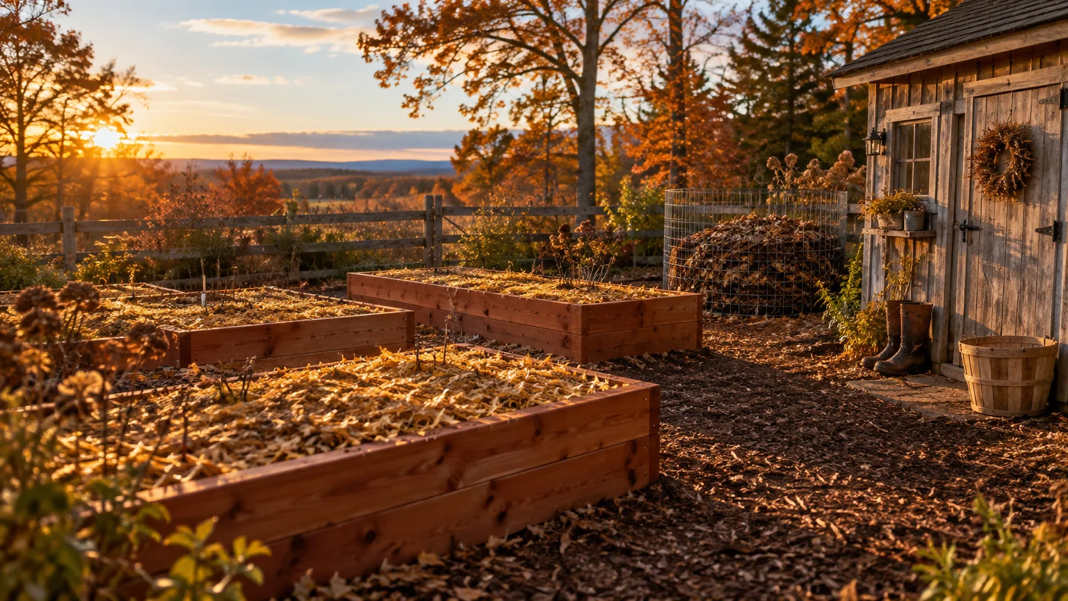 Raised wooden garden beds filled with mulch, a wire compost bin, and a rustic wooden shed at sunset in autumn.
