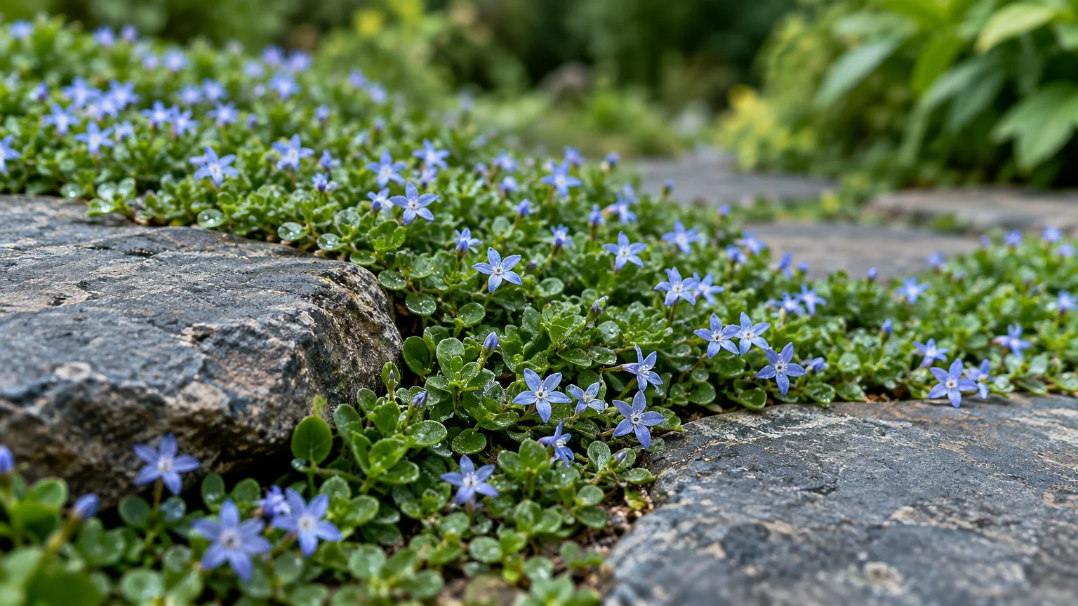 Low-growing blue star creeper with tiny star-shaped blue flowers spreading around dark stone pavers on a path.