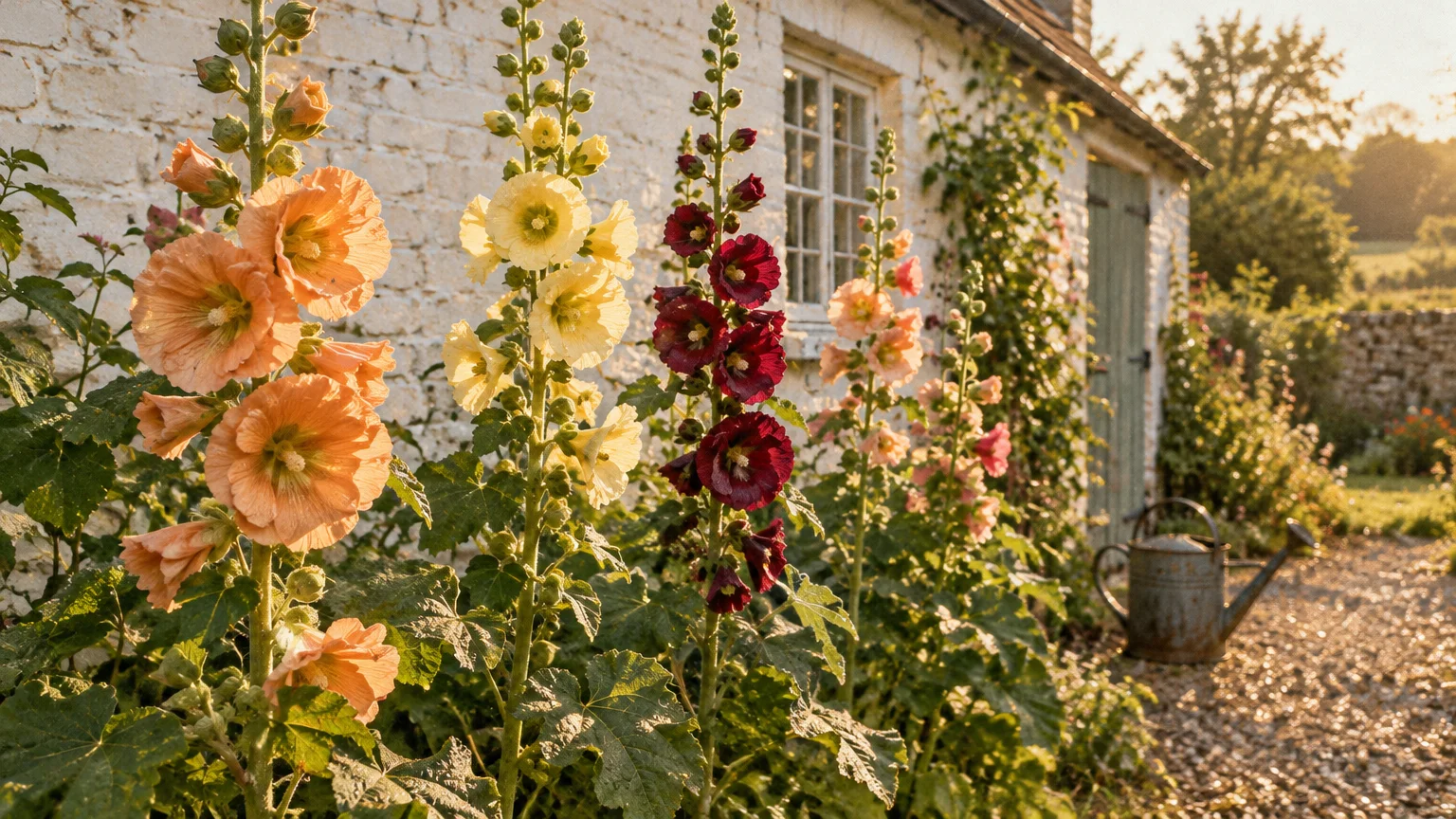 Peach, yellow, and deep red hollyhocks blooming along a rustic whitewashed cottage wall beside a gravel path.