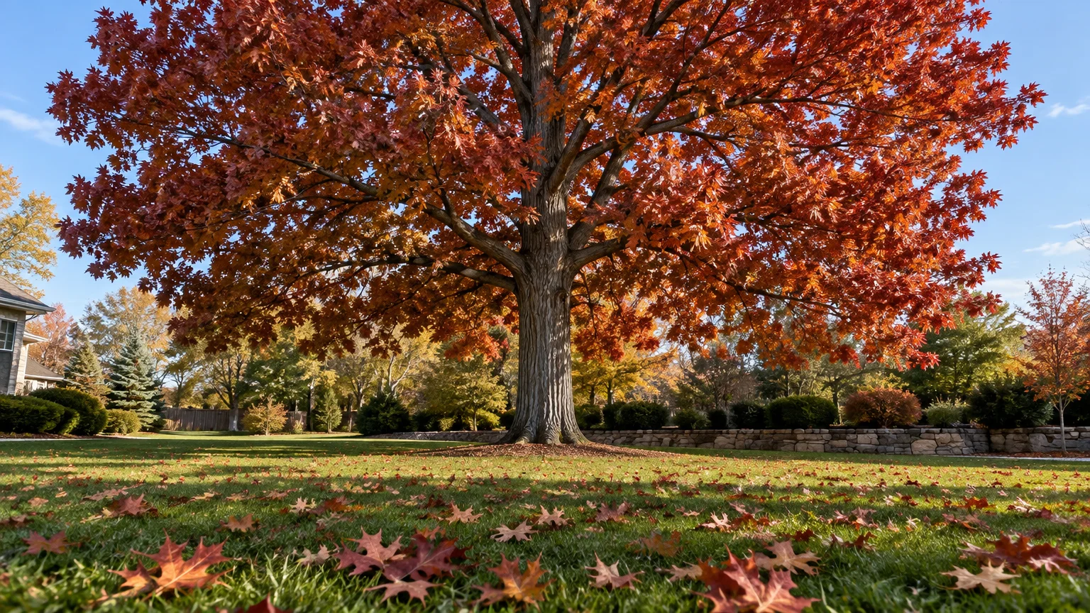 A large oak tree with spreading branches covered in bright red-orange autumn leaves stands on a manicured green lawn.