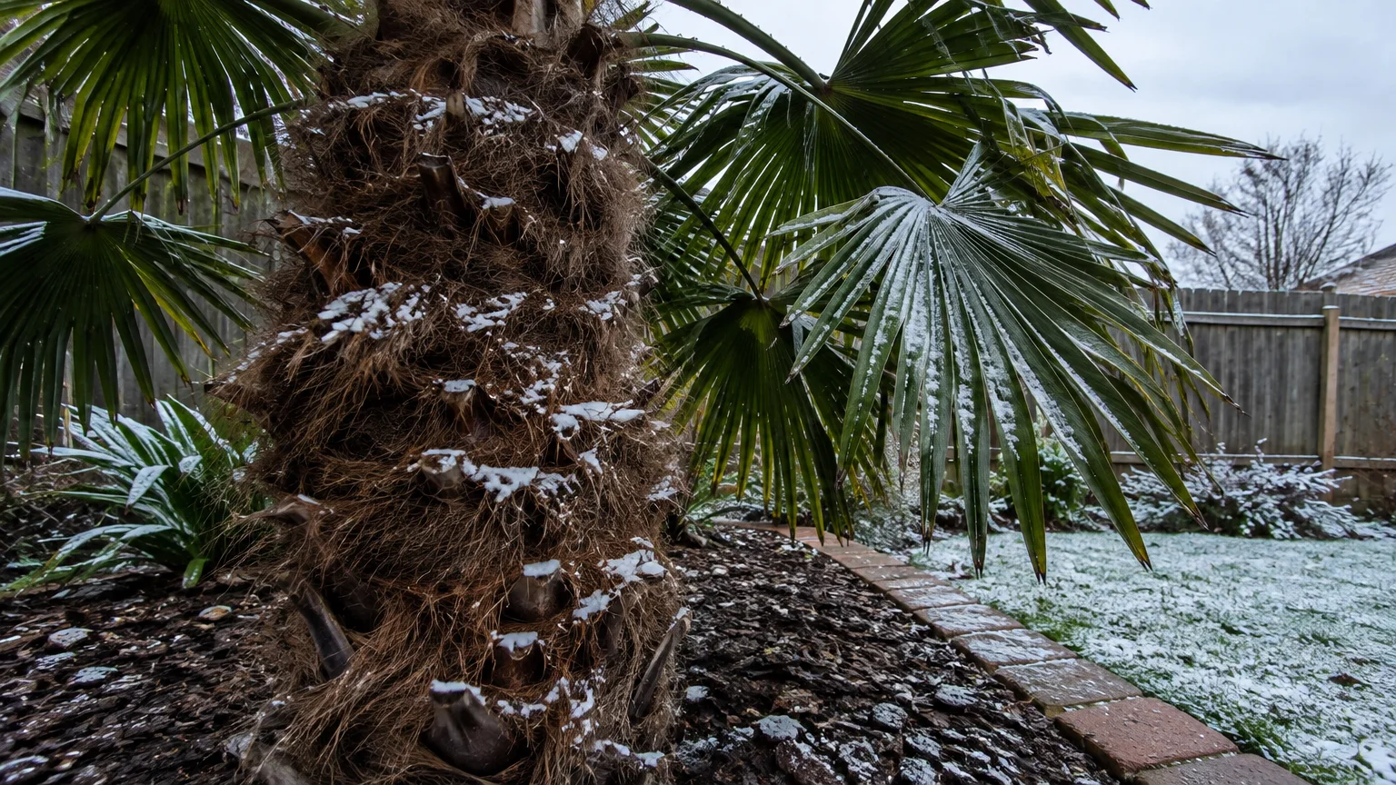 Close-up of a fibrous palm tree trunk and snow-dusted green fan leaves in a mulch garden bed with a snowy lawn.