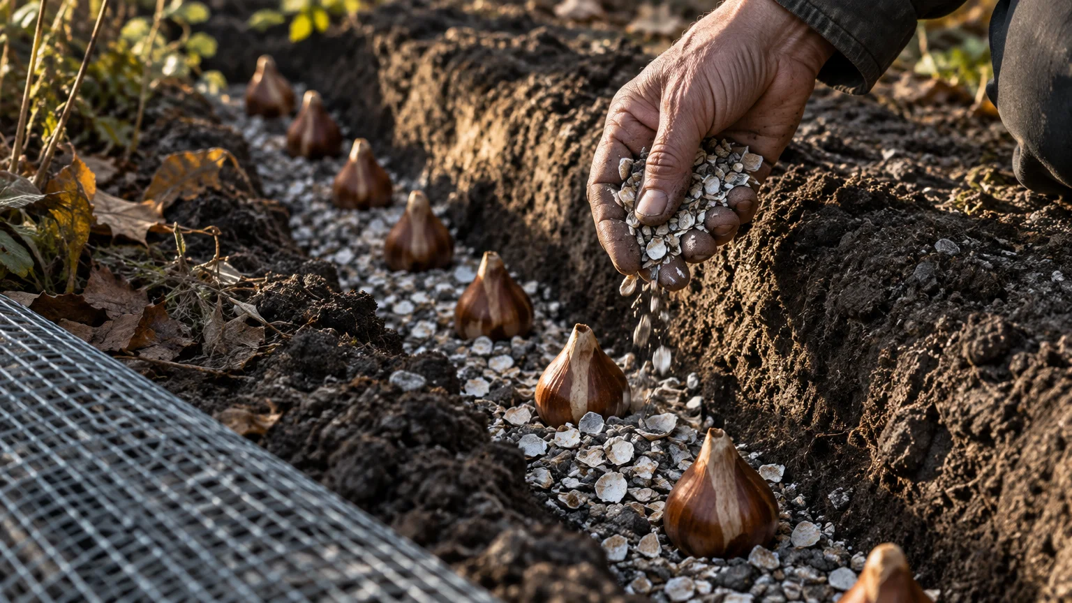 A gardener's hand sprinkles crushed shells over bulbs arranged in a garden trench next to wire mesh.
