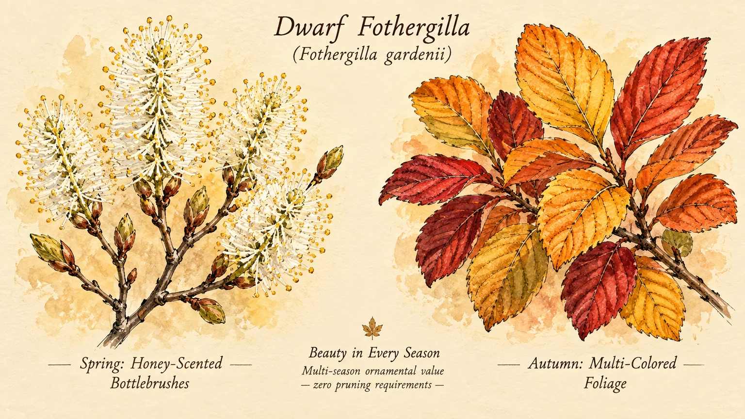Botanical illustration showing white bottlebrush flowers on a spring branch alongside orange and red autumn leaves.
