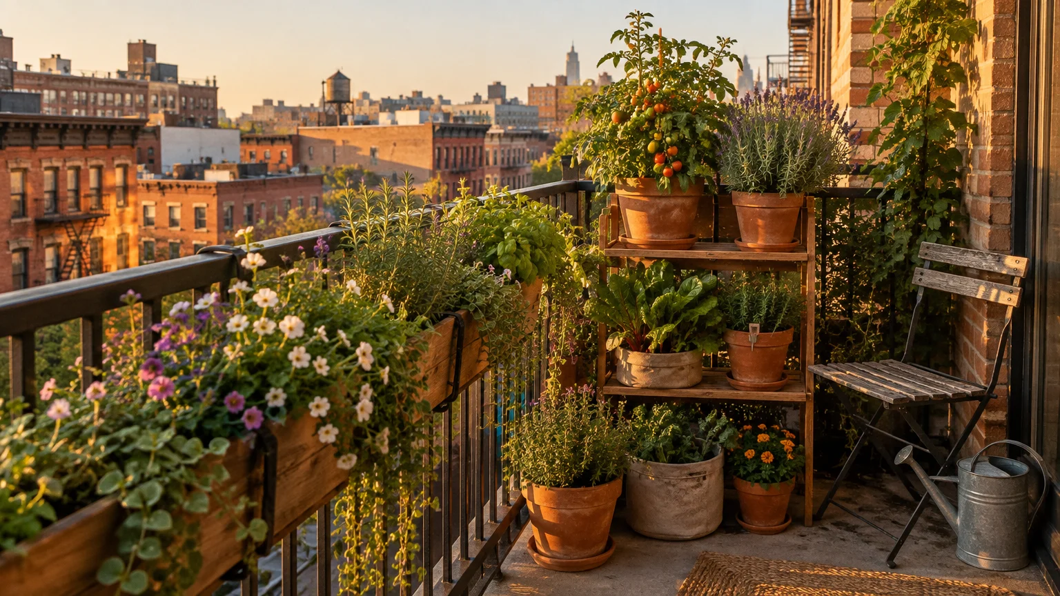 Potted plants, flowers, herbs, and a tomato plant on an apartment balcony overlooking city rooftops at sunset.