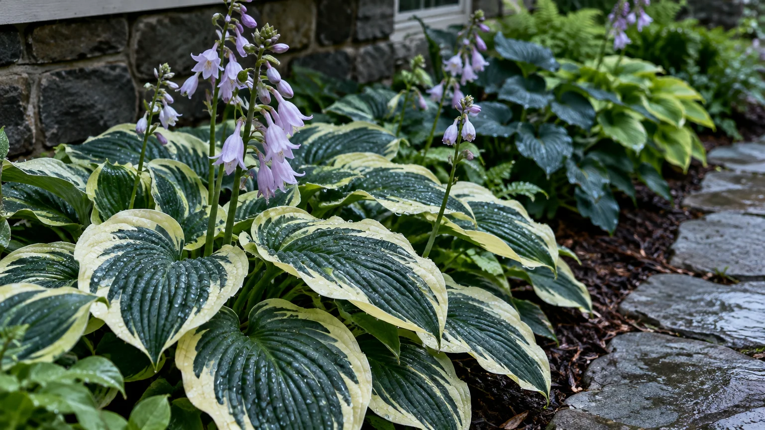Variegated green and white hostas with blooming lavender flowers growing in a garden bed alongside a wet stone path.