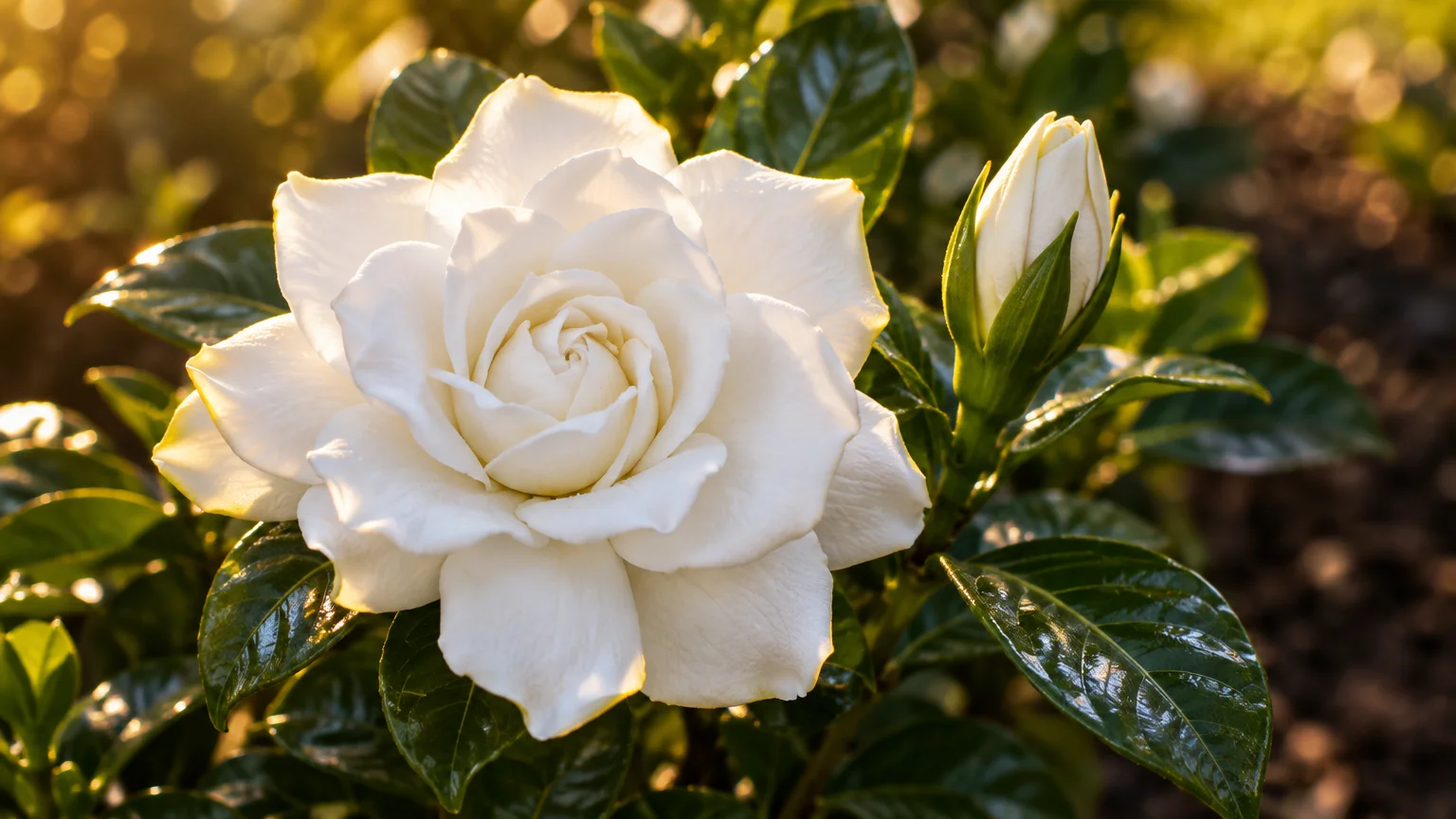 Close-up of a blooming white double gardenia flower and closed bud among glossy dark green leaves in warm sunlight.