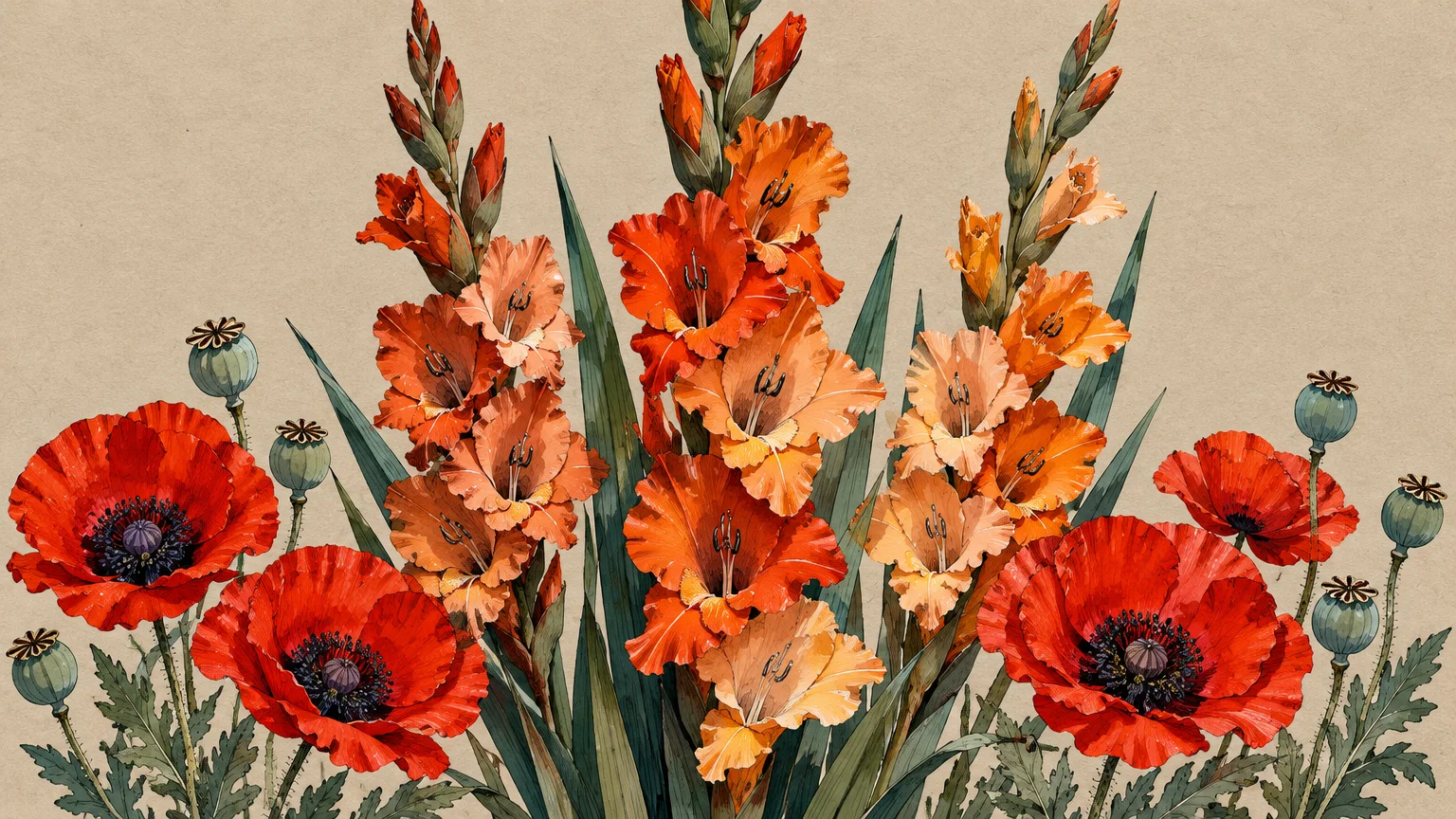 Illustration of bright red poppies and seed pods alongside tall orange and peach gladiolus spikes on beige parchment.