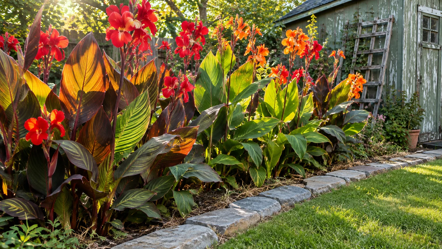 Blooming red and orange canna lilies with broad striped leaves growing along a stone-lined garden border near a shed.