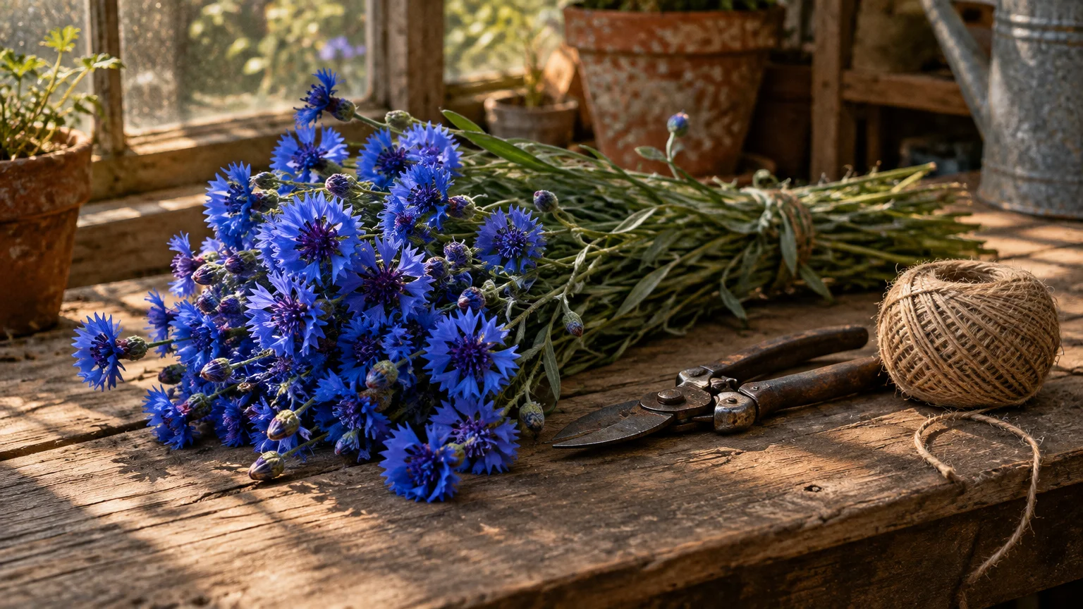 A bouquet of vibrant blue cornflowers rests on a rustic wooden potting bench beside pruning shears and a ball of twine.