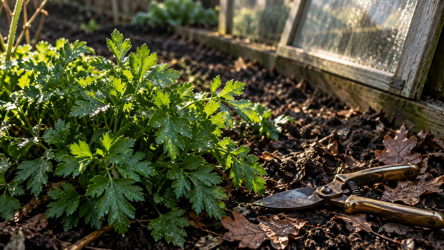 Fresh flat-leaf parsley growing in rich soil next to vintage brass pruning shears and a glass cold frame.