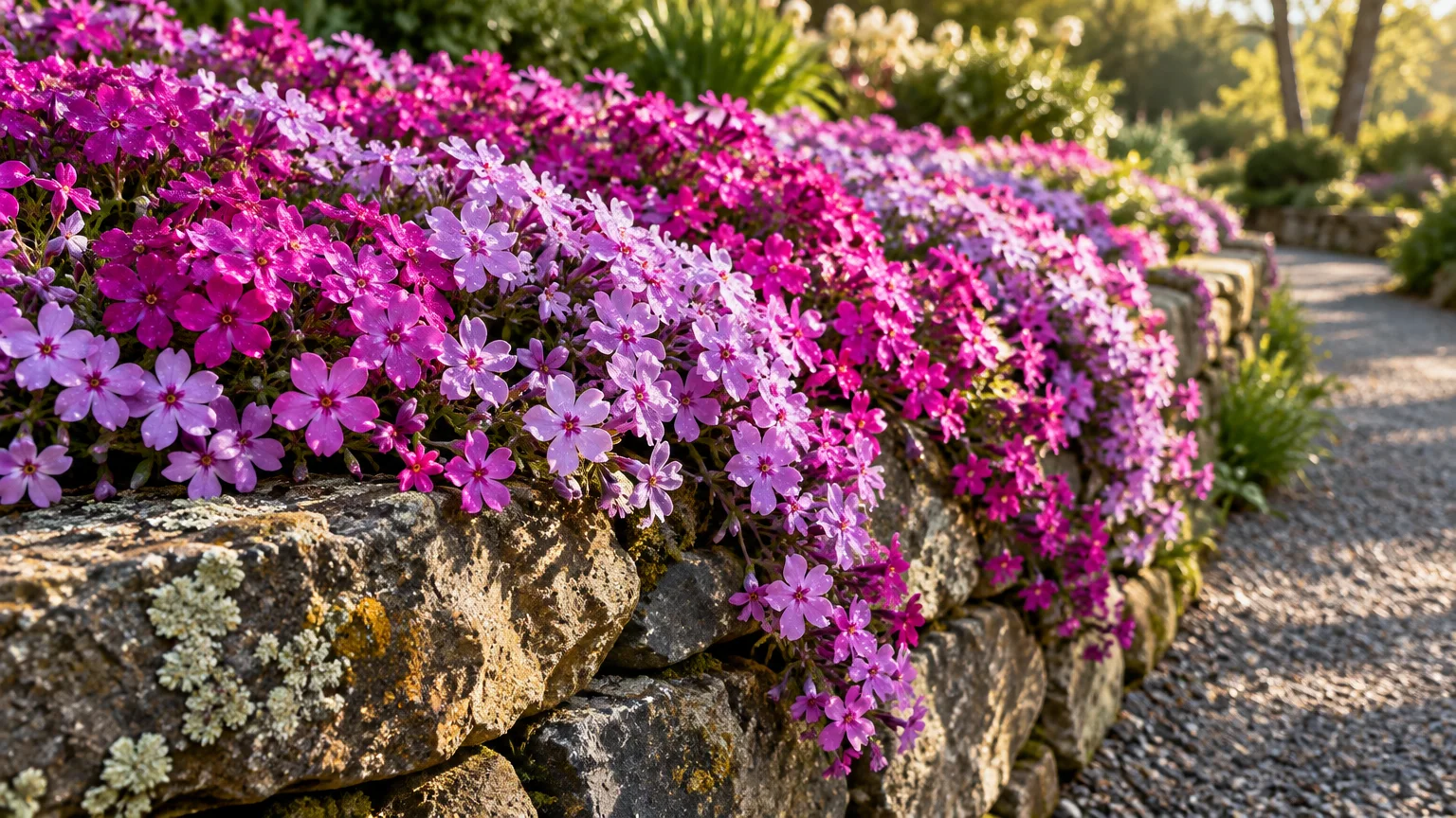 Vibrant pink and purple creeping phlox cascading over a rustic stone retaining wall along a gravel garden path.
