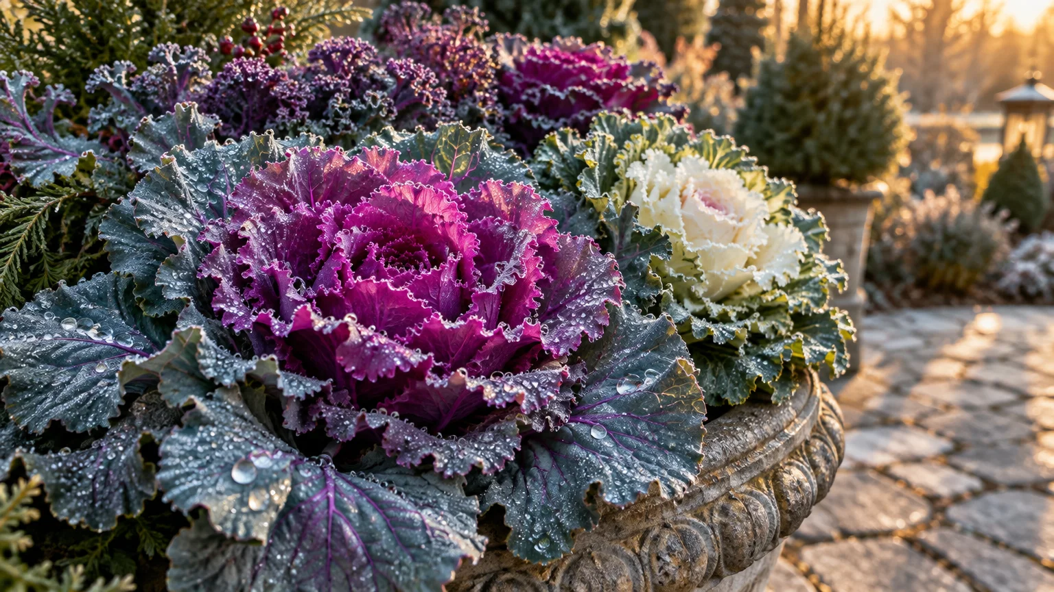 Purple and white ornamental cabbages with ruffled leaves covered in water droplets planted in a stone container.