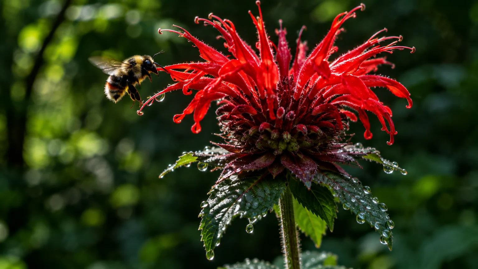 A bumblebee hovers beside a vibrant red bee balm flower covered in glistening water droplets.