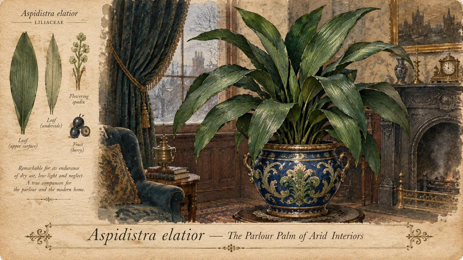 Vintage botanical illustration of an Aspidistra elatior in an ornate blue ceramic pot inside a Victorian parlor.