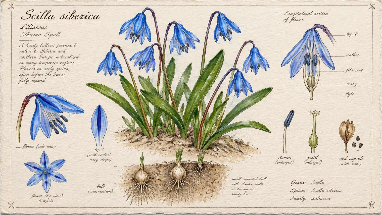 Botanical illustration of Scilla siberica showing blue nodding flowers, underground bulbs, cross sections, and labeled plant anatomy.